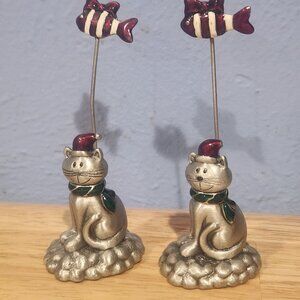 Vintage Pewter Cat with Fish Set of 2 Note Photo Card Holder Christmas Santa Hat